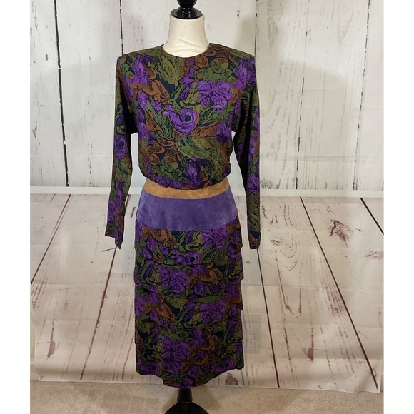 Act I New York Dresses & Skirts - Vintage Act I New York Dress 7/8 Floral Print Blouson Suede Waist Tiered Modest‎